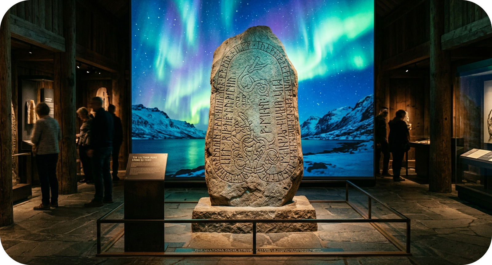 Runenstein in einer Ausstellung mit Nordlicht