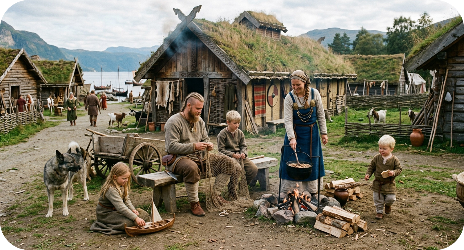 Wikingerfamilie in einem Dorf