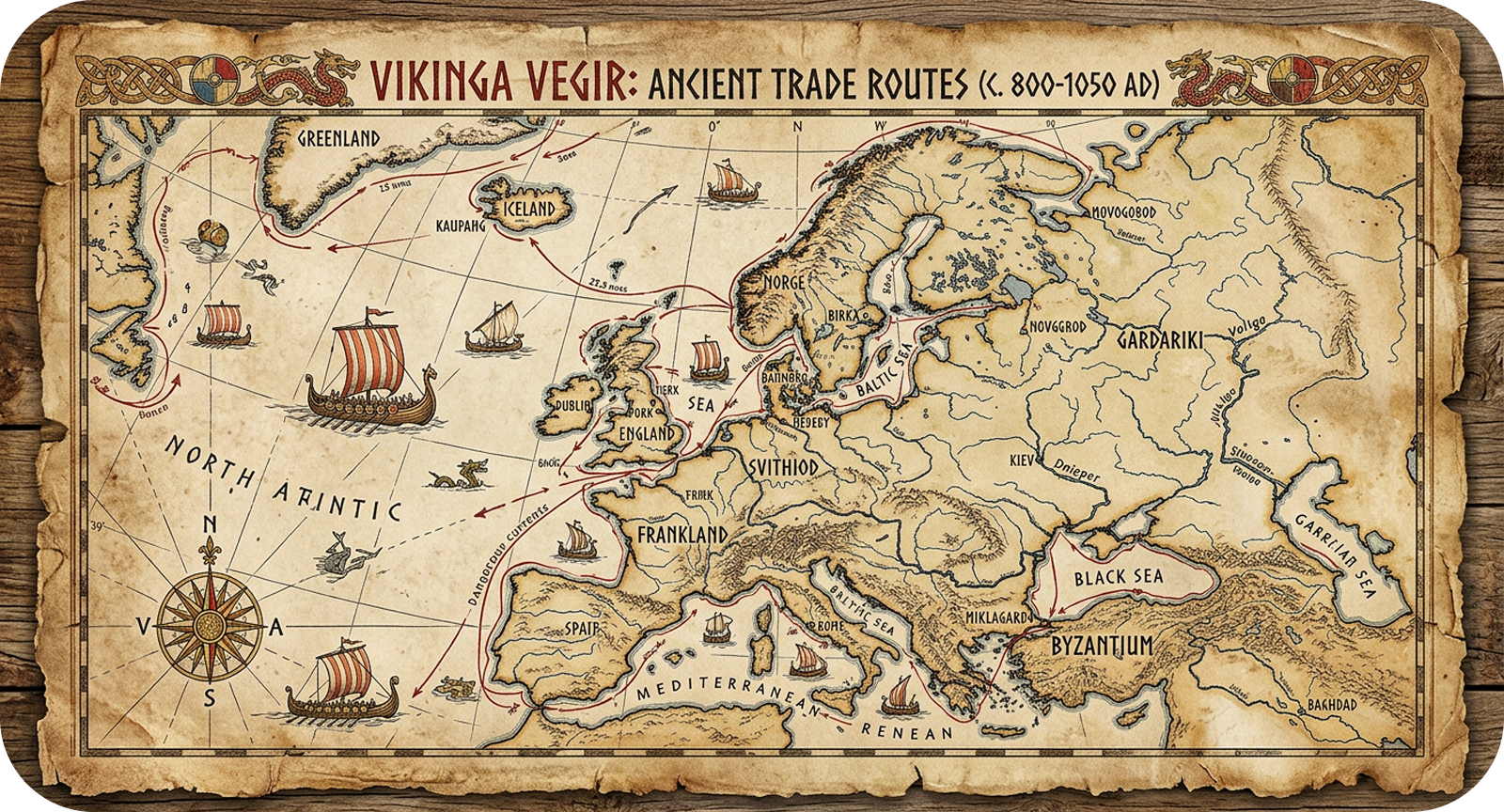 Historische Karte mit Wikingerrouten