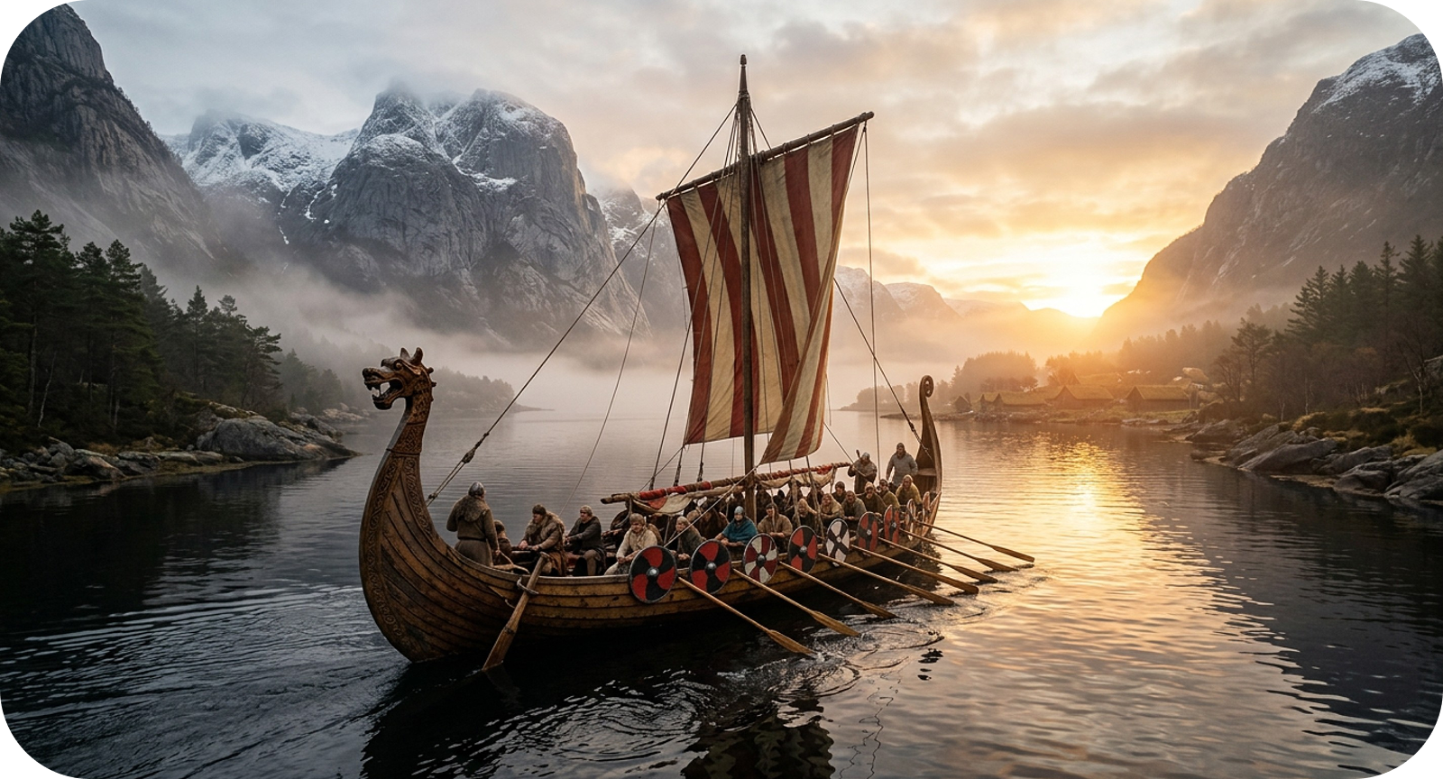 Wikingerschiff in einem Fjord
